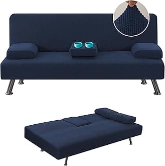 4 Pieces Stretch Futon Covers Sofa Bed Slipcover with Removable Armrests and Cupholders Covers Furniture Protector High Spandex Small Checks Jacquard Fabric, Navy
