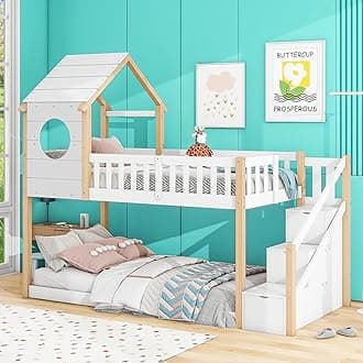 LTGB Bunk Bed for Kids, Wood House Bunk Bed 90 * 190 cm, Cabin Bed Frame, Wooden Bunk Bed Frame with Ladder and Storage Space Drawers, Ideal for Kids Boys Girls Teens (White + Natural)【UK Stock】