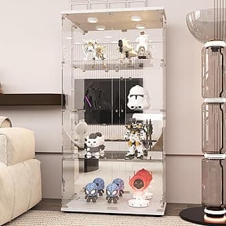 LFT HUIMEI2Y Glass Display Cabinet 4-Shelf with LED Light, Mirror and Lock, 2 Door Curio Cabinets, Tempered Glass Collection Display Showcase for Bedroom, Living Room 65”x 17”x 14” White