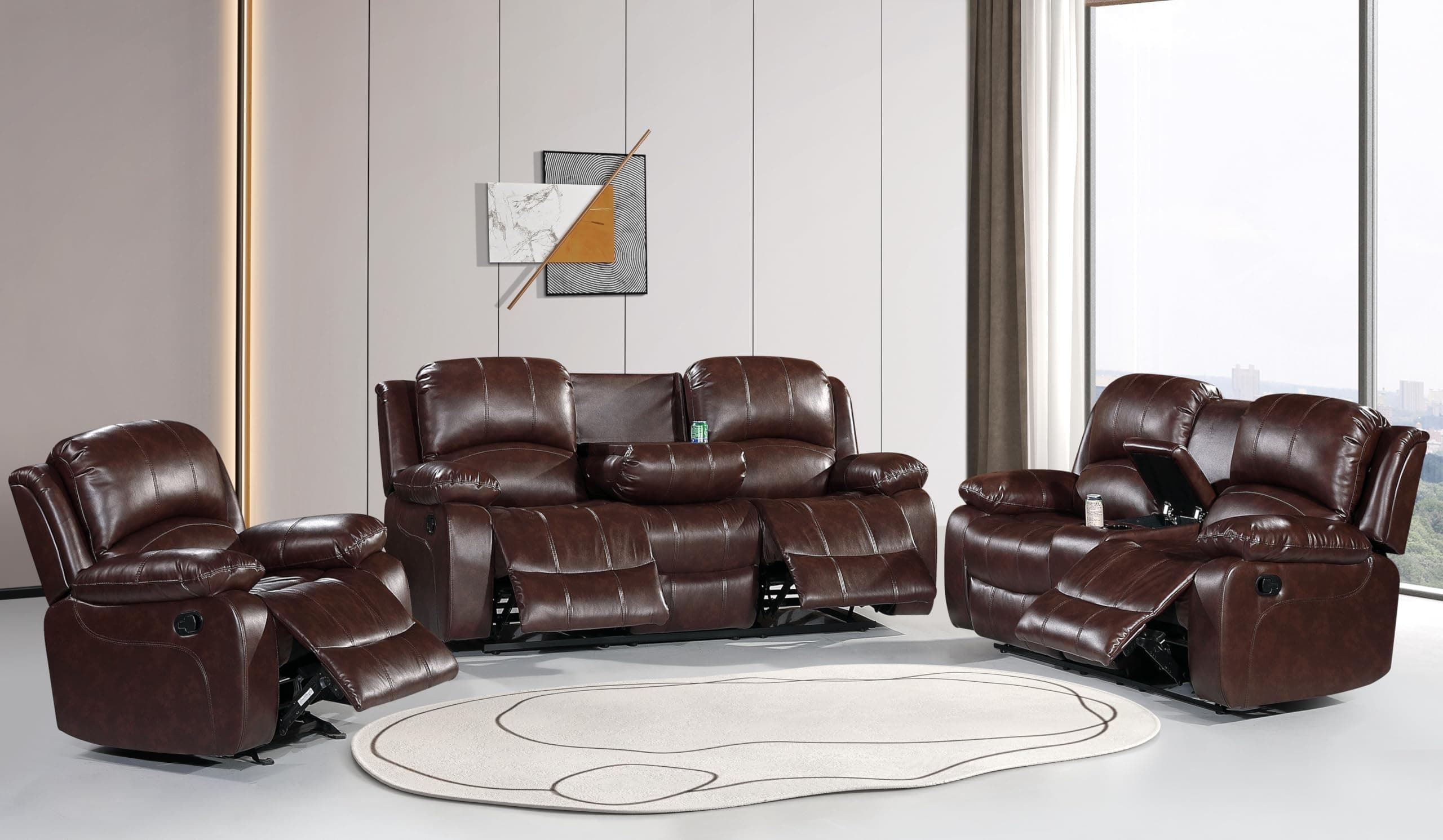 Betsy Furniture 3PC Faux Leather Manual Reclining Couch Set, Living Room Furniture Set, Sofa, Loveseat, Glider, 8018 Multiple Colors (Brown, Sofa+Loveseat+Chair)