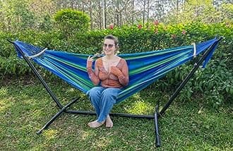 Double Hammock 2 Person Large 220x160cm with Steel Stand and Removable Spreader bar Load 500lb, Canvas Cotton Hammocks for Patio Porch Garden Backyard Outdoor and Indoor, Blue