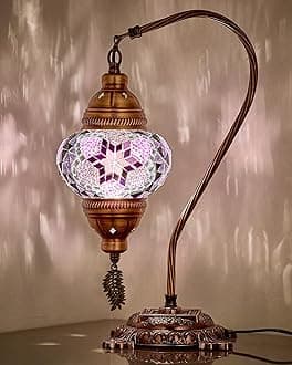 DEMMEX Turkish Moroccan Mosaic Table Lamp–Handcrafted Tiffany-Style Colorful Glass Swan Neck Bedside, Desk Light, Boho Artisan Accent Lighting for Bedroom, Living Room–38cm H, Purple [Energy Class A]