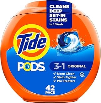 Tide PODS laundry detergent pacs, 3-in-1 Stain Remover, Odor Fighter, Color Protector, 42 Count, HE compatible, Original Scent
