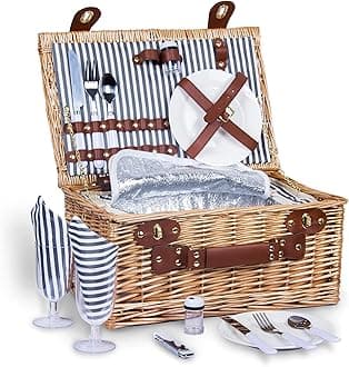 16Pcs Wicker Picnic Basket Set for 2 Persons Large Willow Hamper with Insulated Cooler Compartment and Cutlery Service Kit, Grey Stripe