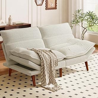 AMADA HOMEFURNISHING Futon Sofa Bed, Corduroy Futon Couch with Adjustable Backrest and Armrests, 2 in 1 Convertible Small Sleeper Sofa Bed for Small Spaces, Living Room or Office,Vintage White