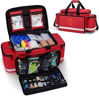 Trunab Emergency Responder Trauma Bag Empty, Professional Large First Aid Bag Medical Bag with Inner Dividers and Non-Scratch Bottom, Ideal for EMT, EMS, Paramedics, Red, Bag Only, Patented Design