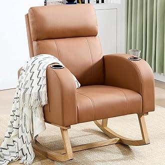 Rocking Chair Nursery, Leather Nursery Rocking Chairs with Cup Holders, Nursing Rocking Chair Glider Rocker Indoor for Adult, Living Room, Bedroom, Brown