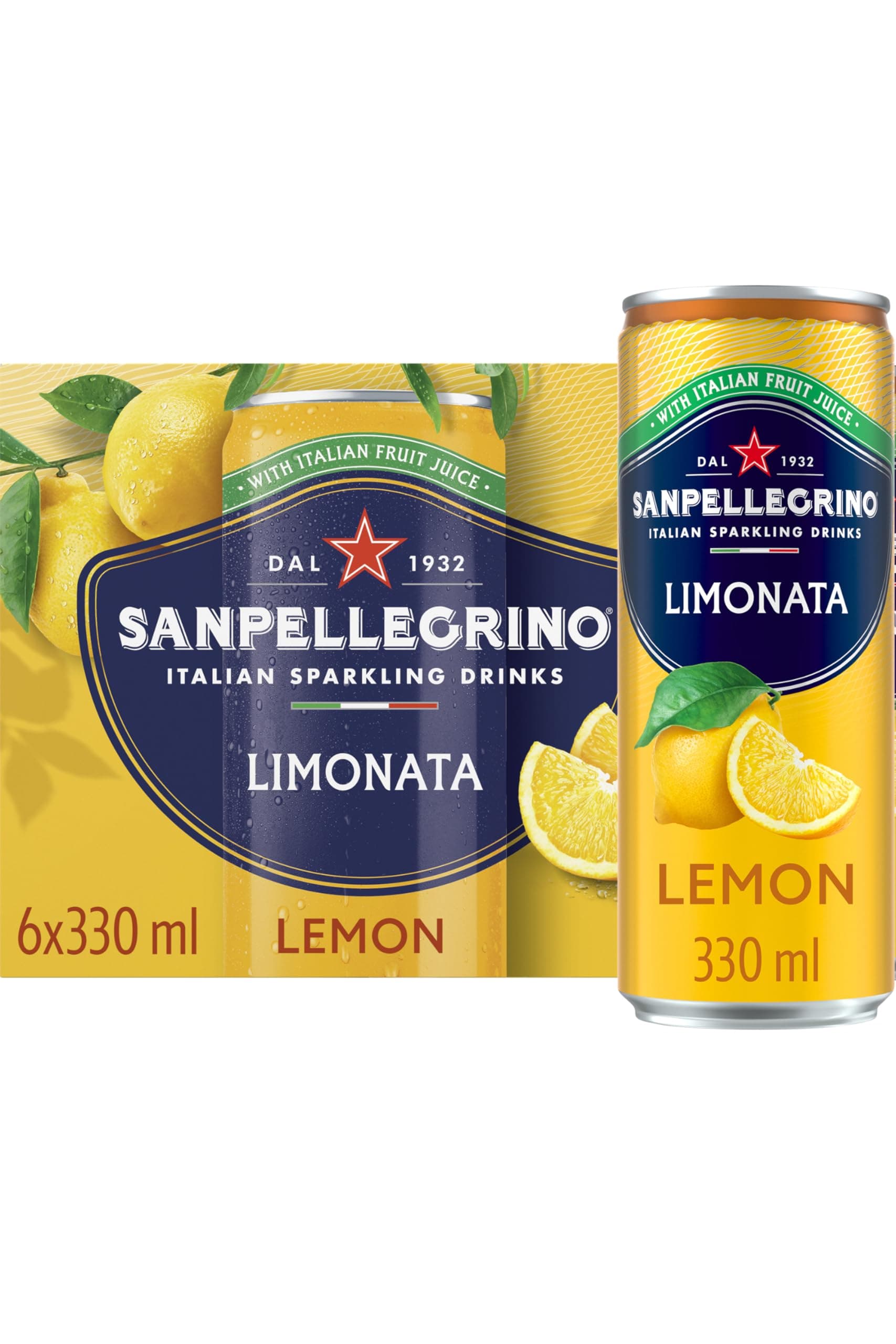 San Pellegrino Italian Sparkling Drinks Tastefully Light Sparkling Lemon Canned Soft Drink 6 x 330ml | 73k Cals per Can