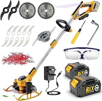 WeeLun Grass Trimmers Cordless & Edger Garden Strimmer Electric with 8.0Ah Battery And Fast Charger, 4 Types Blades, With Auxiliary Wheels, for Garden Brush Cutter Clearing Weeds