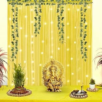 SpecialYou® Haldi Decoration Items for Home Decor with Yellow Net Curtains & Green Vines for Wedding Decorations Backdrop, Wall Decor Items, Wedding Decoration Items for Home- 8 pcs