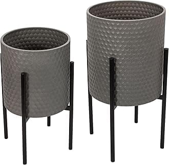 Decorative Flower Pots with Metal Stand for Home Decor - Modern Planters for Hallway, Entryway, and Living Room Decor - Indoor and Outdoor Pots for Plants - Set of 2, 23", 19", Gray & Black