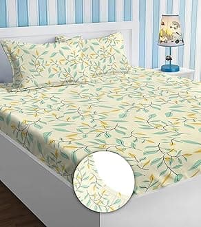 BSB HOME Premium Cotton Elastic Fitted Bedsheets with 2 King Size Pillow Covers | Double Bed with All Around Elastic 180 TC Supersoft | (72"x78",Silver & Beige)