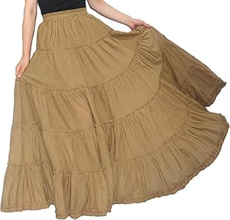 YSJERAWomen's Cotton 5 Tiered A Line Pleated Maxi Skirt Long Boho Gypsy Dance Skirts