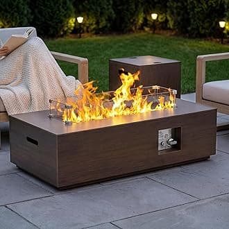 SUNPEAK 42" Rectangular Propane Fire Pit – 50,000 BTU Fire Table with Wind Guard Glass, Lid, Rocks and Cover – Backyard Fire Pits Outdoor – Propane Gas Fireplace for Deck or Patio (Grey, 42" Standard)