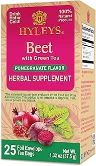 Hyleys Beet & Green Tea with Natural Pomegranate Flavor - Herbal Energy Tea - Supports Focus - 25 Tea Bags