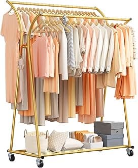 RaybeeHeavy Duty Clothes Racks for Hanging Clothes, Clothing Rack with Wheels Load 360LBS, Portable Double Rod Garment Racks for Closet, Bedroom,Doorway,Commercial Use, 69''H*52''W*20''D, Gold