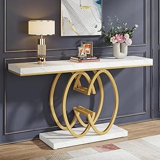 55 Inch Console Table for Hallway, Faux Marble Gold Entryway Table with Geometric Metal Base, Modern Narrow Sofa Accent Table for Entrance, Living Room, Foyer (White & Gold)