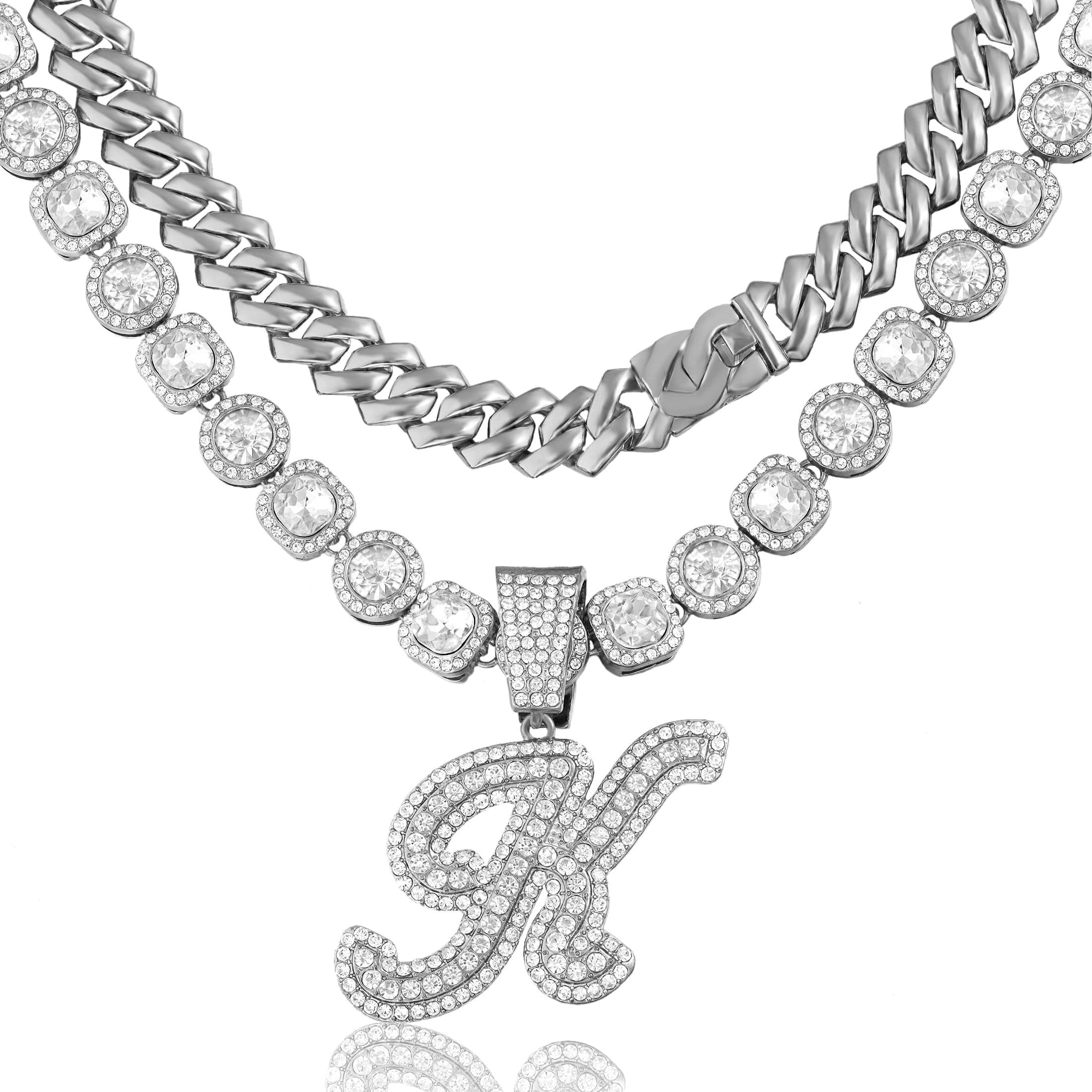 Cuban Link Chain for Women - Silver Initial Necklace, 14mm Cursive Chain for Hip Hop Jewelry