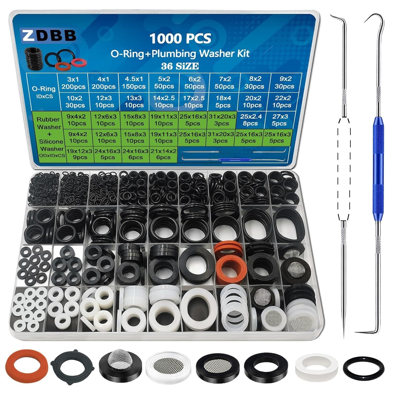 ZDBB 1000PCS 18 Size O Ring Kit+18 Size Rubber Washers Assortment Kit