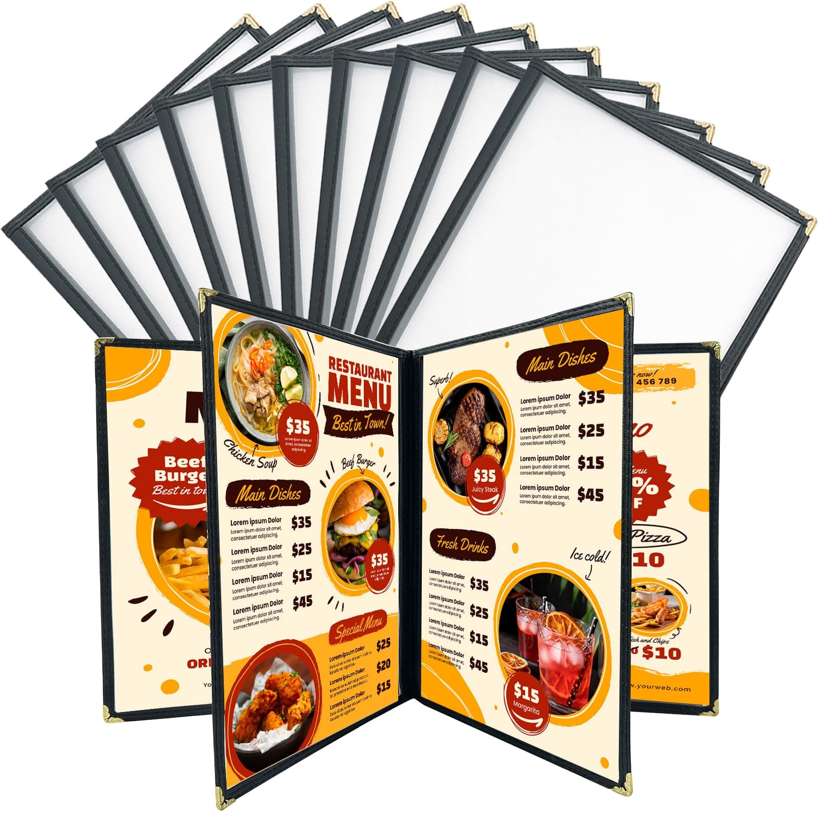 FLKQC 10 Pack 4 Page Menu Covers, 8 View 8.5 x 11 Inch Clear PVC Menu Holder, Double Stitched Restaurant Menu Sleeves for Food, Wine & Drink Menus, Morning Menu Sleeves