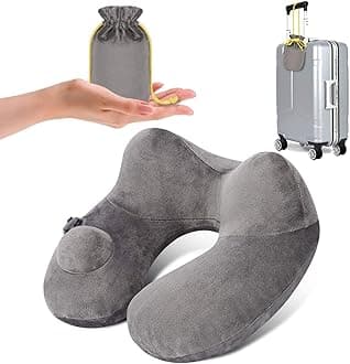 WODONGTECH Inflatable Neck Travel Pillow for Airplane Long Flight Hault Trip Support Soft Velvet Hypoallergenic Washable Coverâ€¦ (Grey)