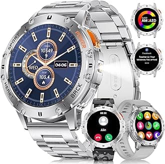 LIGE Military Smart Watch with Bluetooth Call,1.43" AMOLED Fitness Tracker with 5ATM Waterproof 100+Sports Modes for Android iOS, 530mAh,Gray Silicone+Silver Steel+Camouflage Silicone