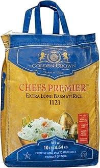 Golden Crown Chefs Premier Basmati Rice - 160 oz (10LB) | Extra Long Aromatic Sella Rice | Fat-Free, Gluten-Free Whole Grain | Tasty and Delicious Flavorful