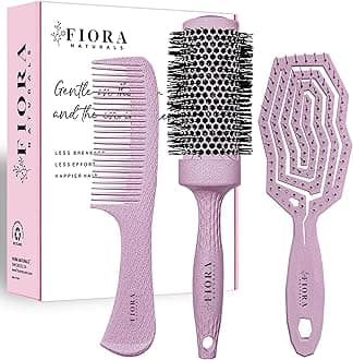 Fiora Naturals Bio-friendly Hair Detangler, Round Brush, and Comb Set for Women - All Hair Types: Natural, Fine & Curly - Ideal for Detangling and Blow Drying
