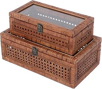 DECOR4SEASON Rattan and Cane Stacking Boxes with Glass Top Lid - Set of 2 11.8" and 14.1", for Boho and Rustic Farmhouse Decor, Brown