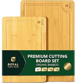 ROYAL CRAFT WOOD Bamboo Cutting Board with Juice Groove - Kitchen Chopping Board for Meat (er Block) Cheese and Vegetables | Serving Tray w/Handles (2-Pieces)