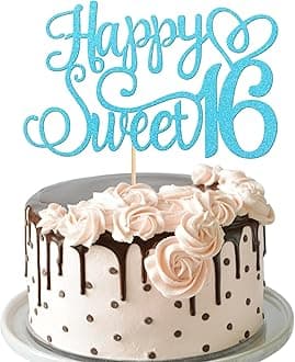 1 PCS Happy Sweet 16 Cake Topper Glitter 16th Birthday Cake Pick Cheers to 16 Years Cake Decoration for Happy 16th Birthday Anniversary Party Decorations Supplies Blue