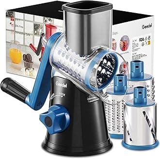 Geedel Rotary Cheese Grater, Kitchen Mandoline Vegetable Slicer with 3 Interchangeable Blades, Easy to Clean Rotary Grater Slicer for Fruit, Vegetables, Nuts, Black