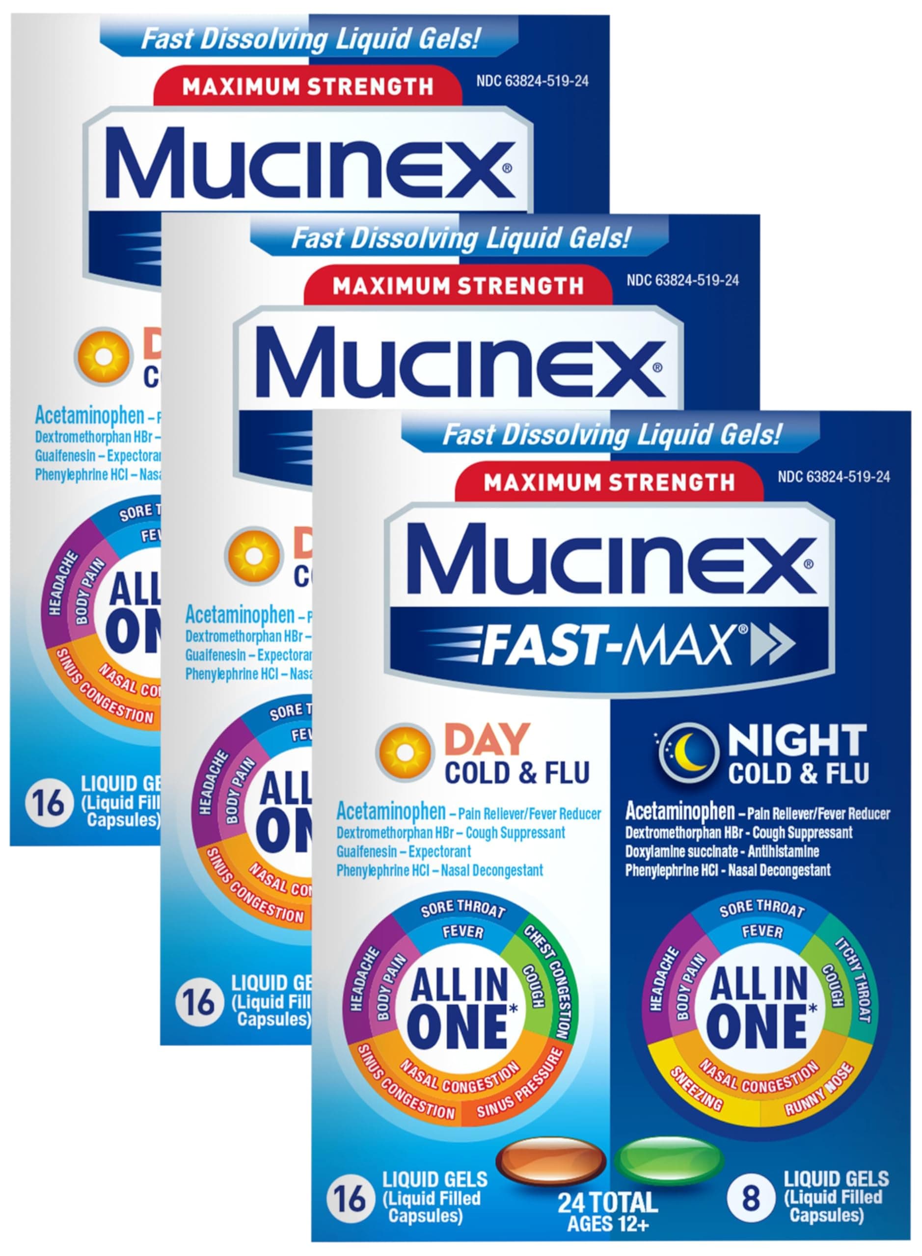 Mucinex Fast-Max Maximum Strength Cold & Flu Day and Night Medicine, All-in-One Multi-Symptom Relief Liquid Gels – 24 Count (16 Day time + 8 Night time) (Packaging May Vary) (Pack of 3)