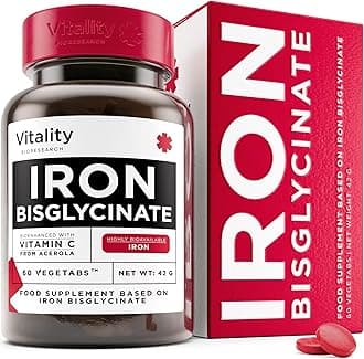 Iron Bisglycinate - Vegan Iron Supplements for Women & Men - Relieve Fatigue and Tiredness with Combination of 60 Iron and Vitamin C Tablets, Strong Iron Supplements, Gentle Iron Tablets High Strength