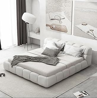 Poppins HOME Modern Fabric Upholstered Bed Frame – Queen/King Size with Grey Square Headboard (No Mattress (White, 160X200cm)