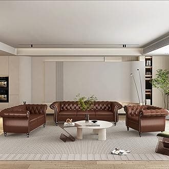 3 Piece Living Room Set, Chesterfield Leather Sofa Loveseat Couch Chair with Scroll Arms and Nailhead for Living Room, Office (Dark Brown)
