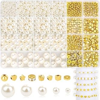 ELECDON Pearl Beads for Bracelet Making, 24 Grids 970 Pieces Pearl Beads and Gold Spacer Beads Small Smooth Round Disc Beads for DIY Craft Making Jewelry Bracelet