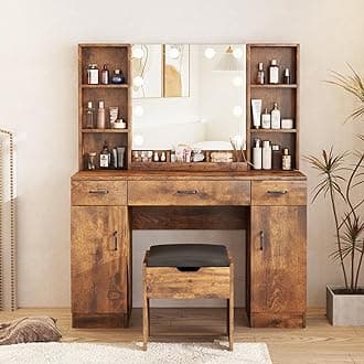 Vabches Makeup Vanity Desk with Lighted Mirror, 3 Lighting Colors, Large Vanity Set Makeup Table with 3 Drawers, 2 Cabinets and Storage Stool 45.2in(W)(Rustic Brown)