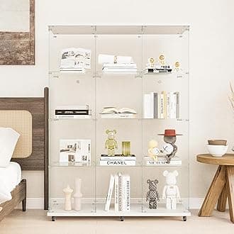 Beauty4U Glass Display Cabinet with 12 Shelves, Extra Large 3 Columns 2 Doors Curio Cabinets for Living Room, Bedroom, Office, White Floor Standing DIY Glass Bookshelf, Quick Installation