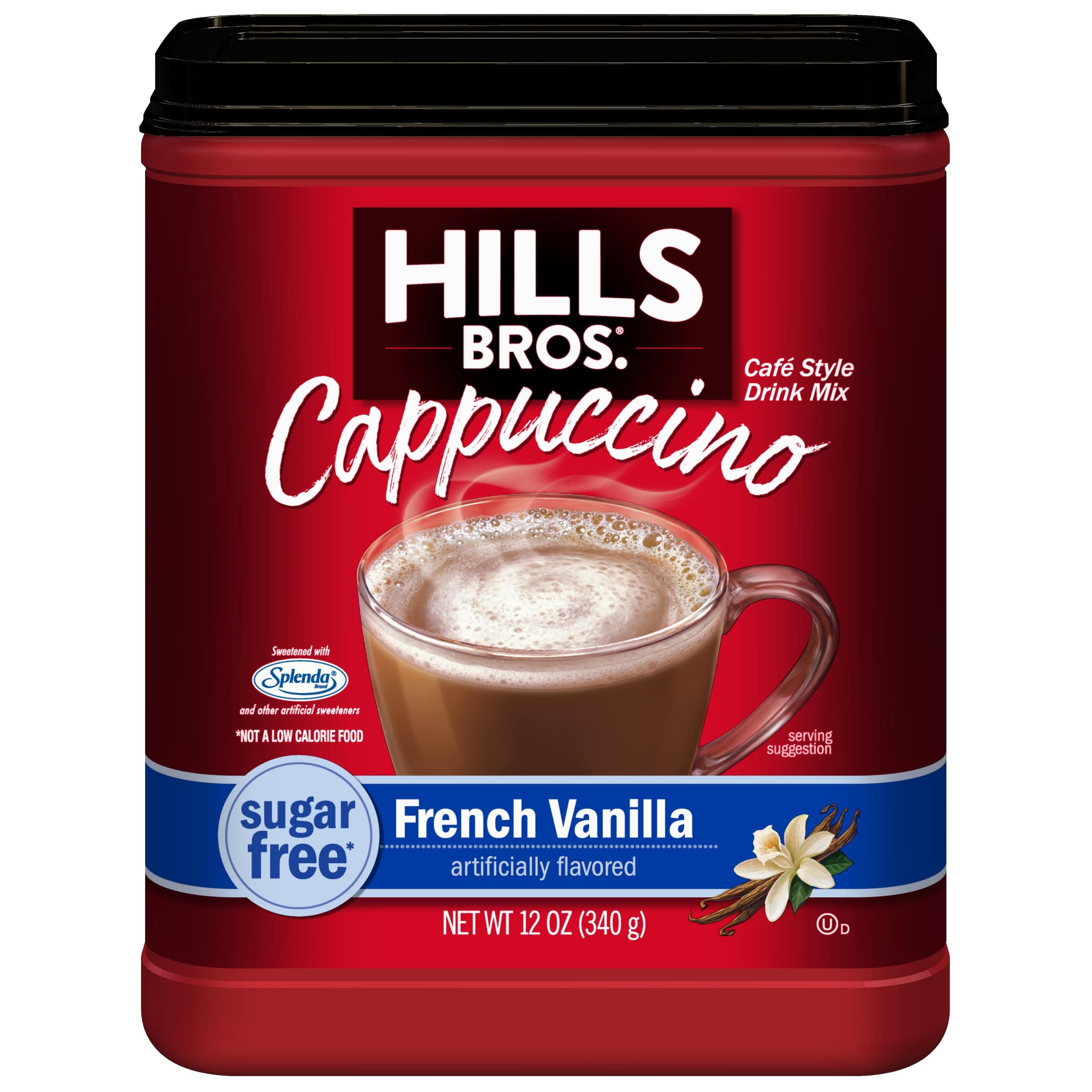 Hills Bros. Cappuccino Mix – Rich, Frothy Coffeehouse-Tasting Instant Drink Mix – Quick & Easy Preparation – Perfect for Hot & Iced Drinks & Creaming Coffee – Sugar-Free French Vanilla, 1 Pack of 12oz
