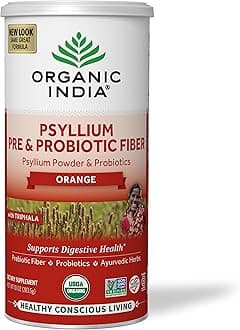 Organic India Psyllium Husk Powder - Pre & Probiotic Fiber Supplement, Organic Psyllium Husk Fiber Supplement, Dietary Fiber, USDA Organic, Vegan, Gluten Free - Orange, 10 Oz