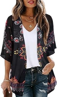 Women's Floral Print Puff Sleeve Kimono Cardigan Loose Cover Up Casual Blouse Tops