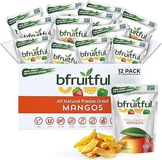 bfruitful Freeze-Dried Mango, Freeze Dried Fresh Fruit Bites, Gluten Free, Vegan, Dairy Free, Kosher, No Sugar Added, Non GMO, Healthy Snacks for Kids or Adults, 0.56 oz Single-Serve Snack Packets, 12 Pack