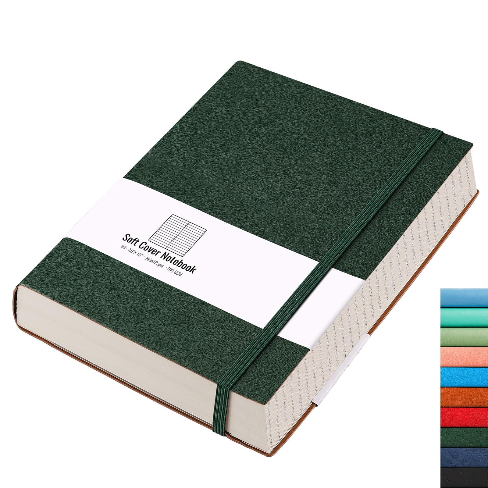 College Ruled/Lined Notebook - 320 Numbered Pages B5 Lined Journal, 100gsm Thick Paper, Faux Leather Softcover, Inner Pocket, 7.6'' X 10''-Green