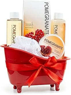 Red Pomegranate Home Spa Bath Basket - Bath & Body Set For Women - Contains Shower Gel, Bubble Bath, Body Lotion, Pomegranate Bath Salt & Pouf in Red Tub Gift – Mother's Day Gift for Mom