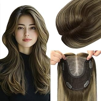Hair Toppers for Women Real Human Hair, 6x7 inch Larger Silk Base 150 Density 55 grams 12inch Balayage Chocolate Brown To Caramel Blonde Wiglet Top Pieces Add Volume（#4274 12inch）
