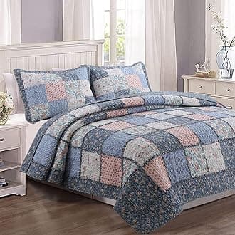 Cozy Line Home Fashions 100% Cotton Real Patchwork French Country Cottage Floral Reversible Quilt Bedding Set Coverlet Bedspread (Blue Pink, Queen-3 Piece)
