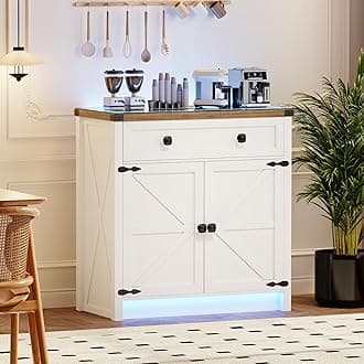 HWB Buffet Sideboard with Storage,Farmhouse Coffee Bar Cabinet with Drawers and Shelves,Buffet Cabinet with LED Lights for Kitchen,Living Room,Dinning,Pure White