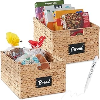 Best Choice Products Pantry Baskets Set of 2 16x12in Water Hyacinth Storage Baskets, Woven Wicker Kitchen Organizers with handles w/ Chalkboard Label Chalk Marker - Natural