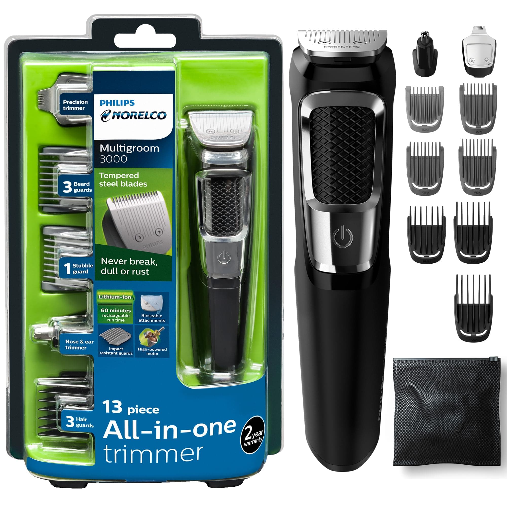 Philips Norelco Multi Groomer - 13 piece Mens Grooming Kit for beard, face, nose, and ear hair trimmer and hair clipper - NO BLADE OIL NEEDED, MG3750/60
